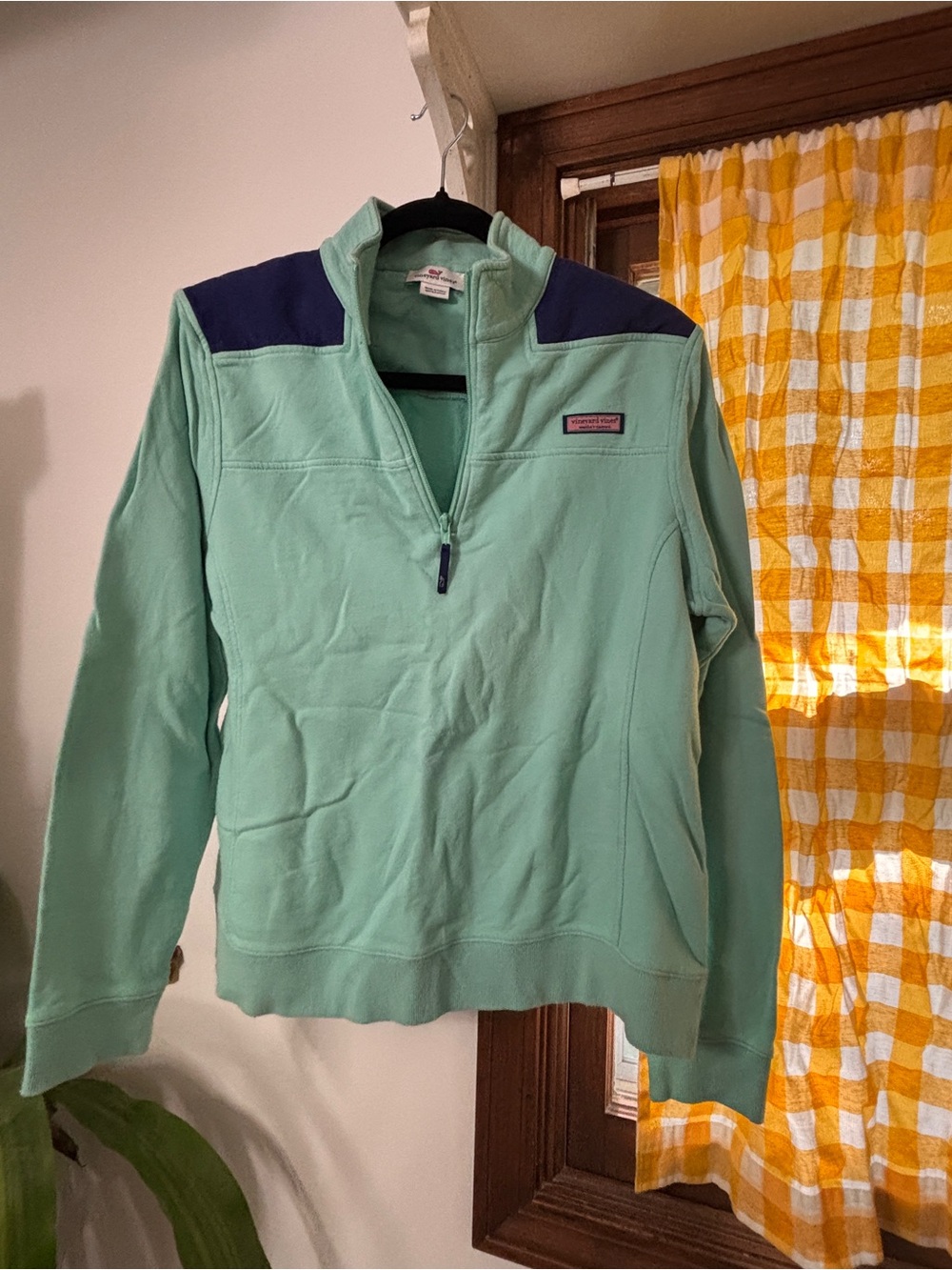 Vineyard Vines Mint Green Quarter-Zip Pullover with Navy Shoulder Panels